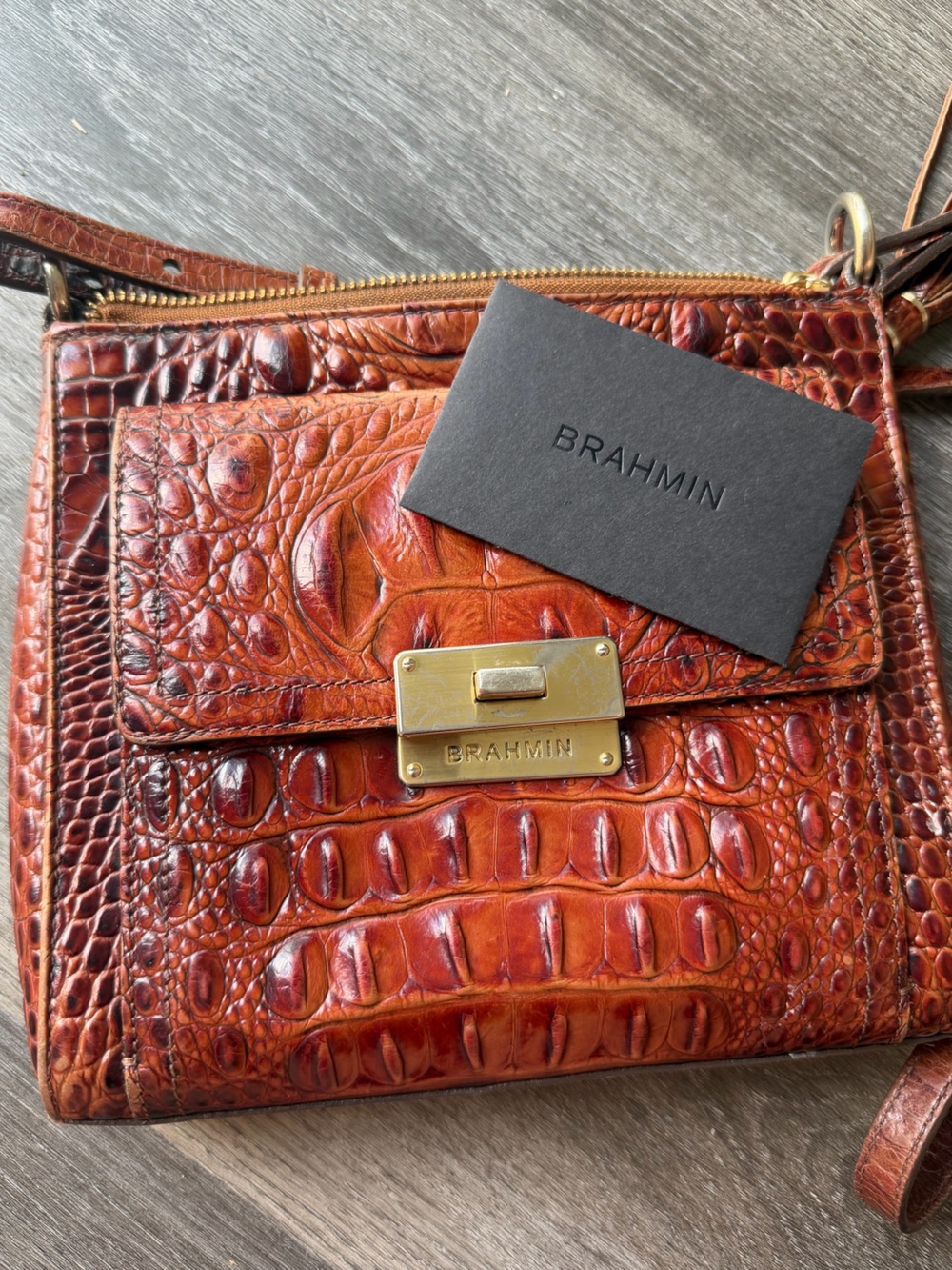 Brahmin Melbourne Manhattan Pecan Croc-Embossed Leather Crossbody with Tassel